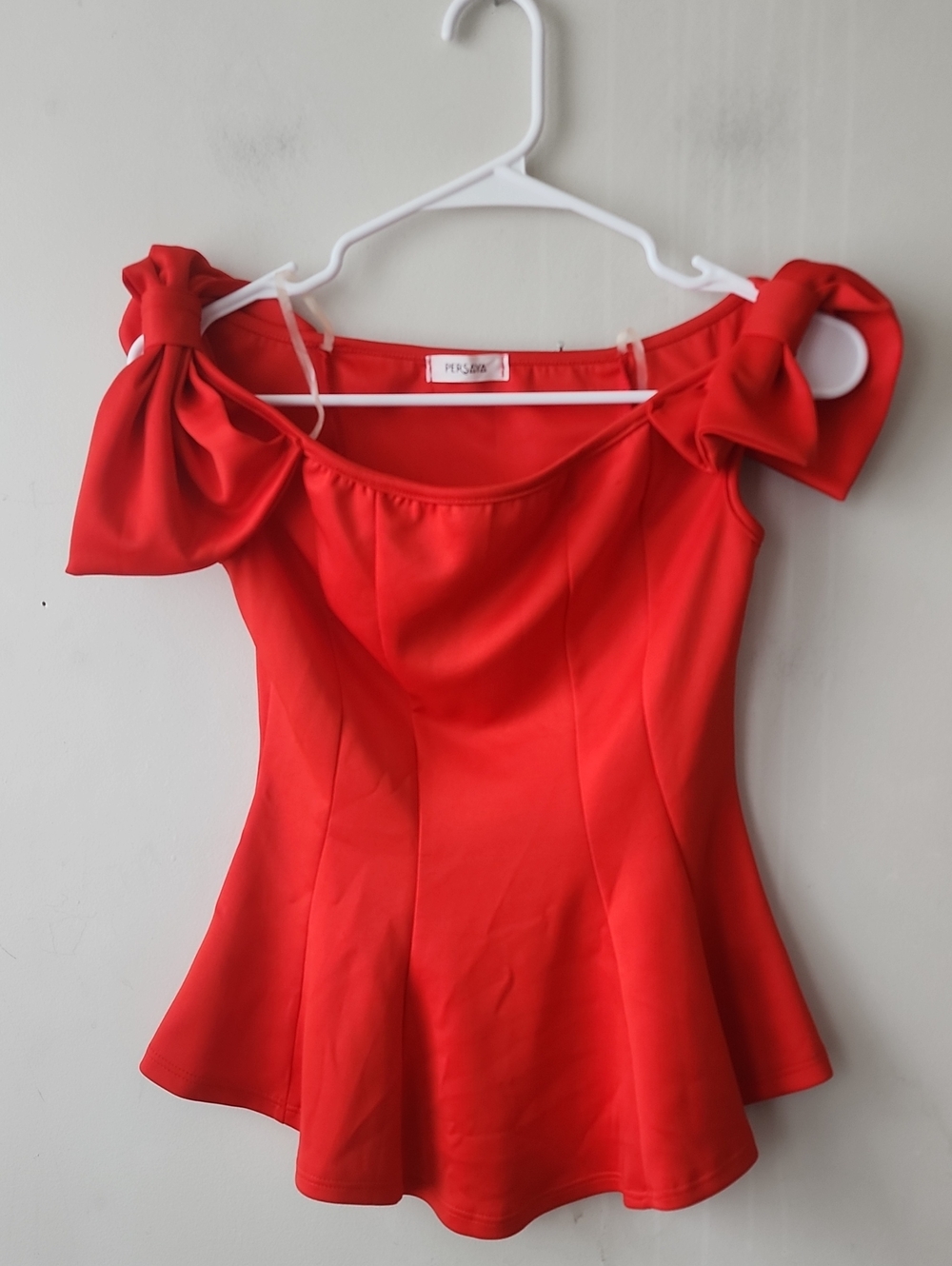 Persaya Vibrant Red Bow-Shoulder Peplum Top